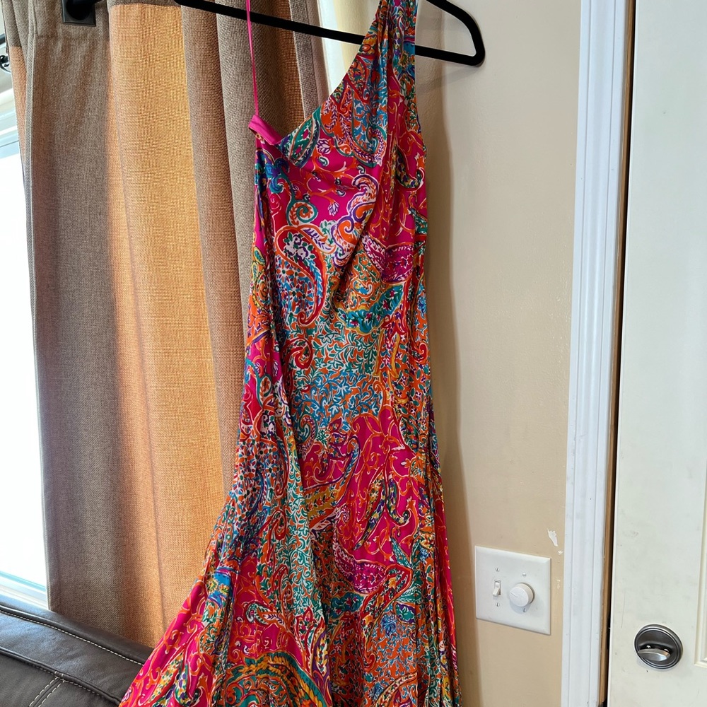 RL100% silk multicolored, one shoulder, dress. Never been used.
